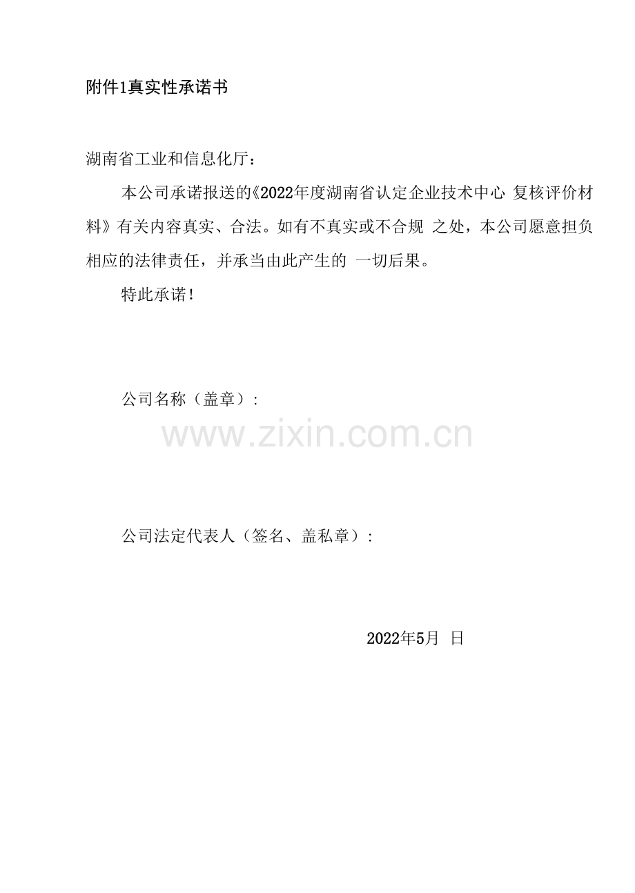 湖南省认定企业技术中心2022年度复核评价数据表、年度技术创新工作总结(提纲)、真实性承诺书.docx_第1页