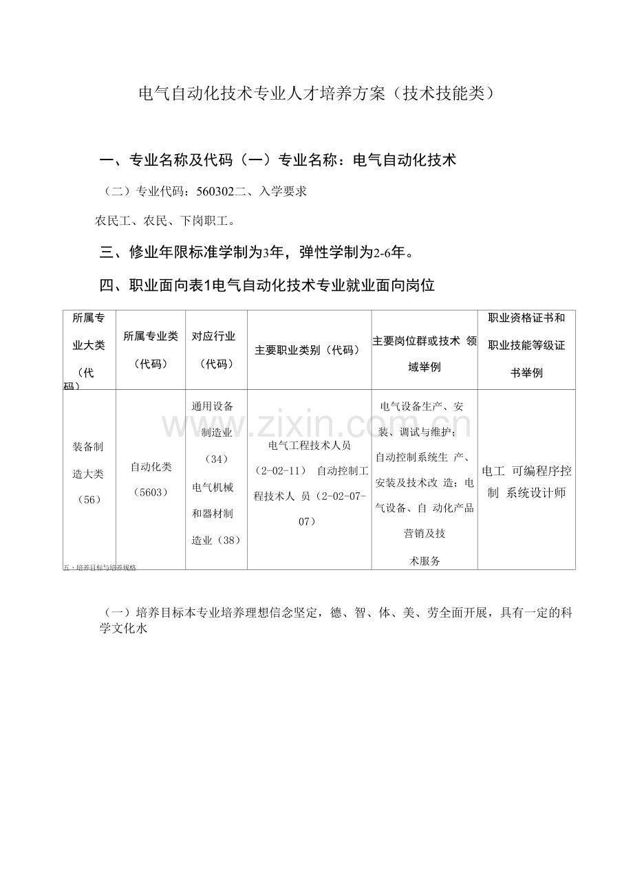 电气自动化技术专业人才培养方案(技术技能类)(高职).docx_第1页