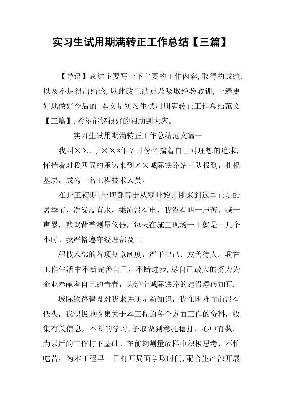 实习生试用期满转正工作总结【三篇】.docx_第1页