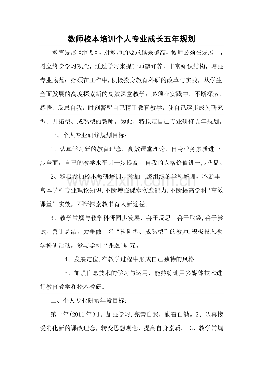 教师校本培训个人专业成长五年规划.doc_第1页