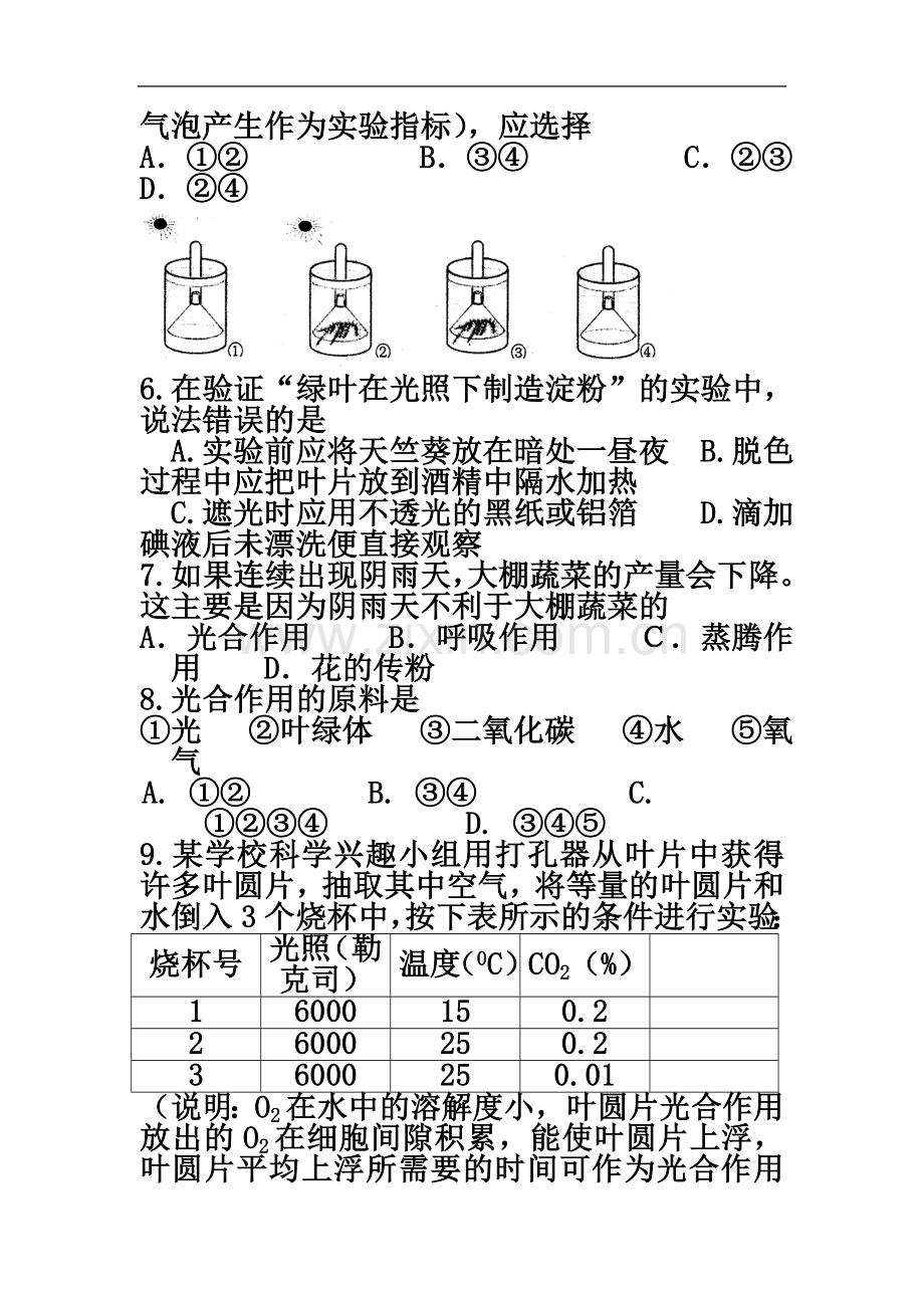 七年级生物上册《第二单元-第一章-生物圈中的绿色植物》第三节-绿色植物的光合作用练习题(无答案).doc_第3页