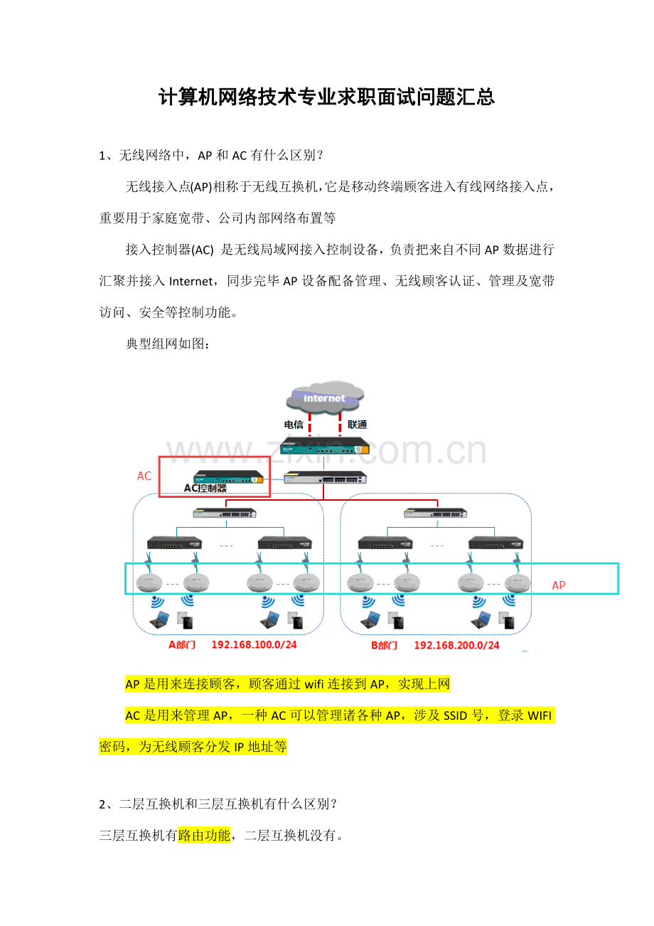 2021年计算机网络技术专业求职面试问题汇总.docx_第1页