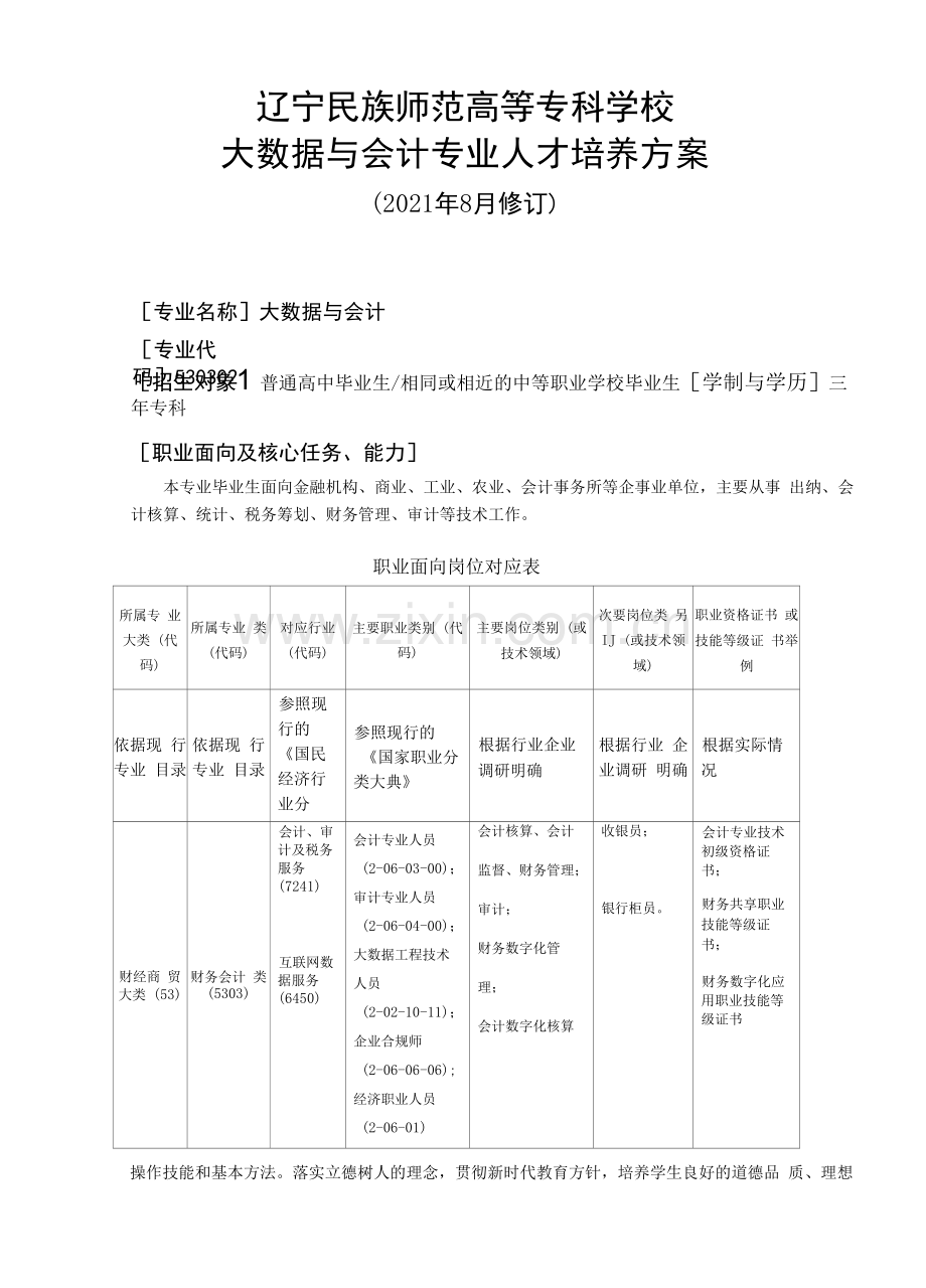 辽宁民族师范高等专科学校大数据与会计专业人才培养方案.docx_第1页