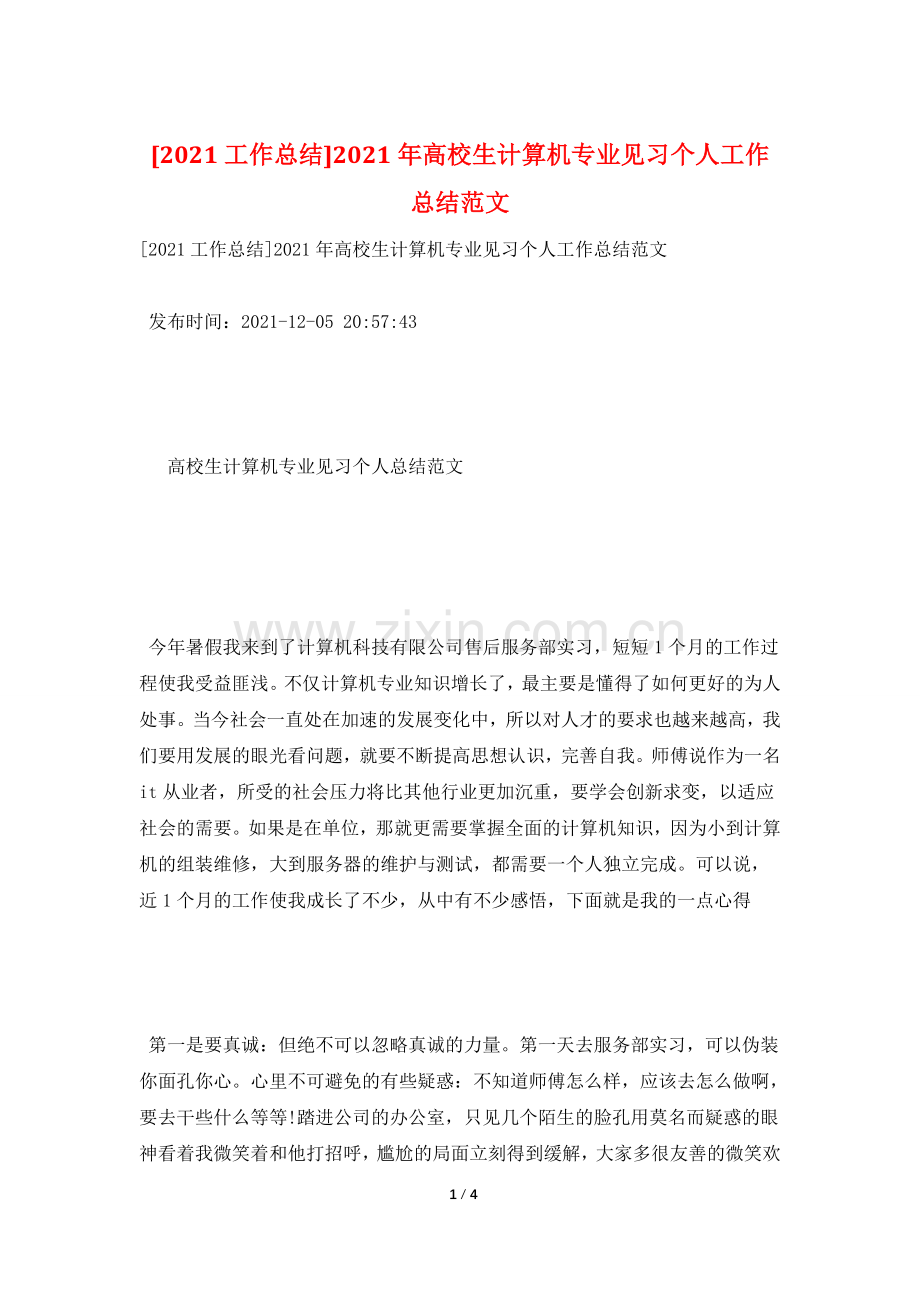 [2021工作总结]2021年高校生计算机专业见习个人工作总结范文.doc_第1页