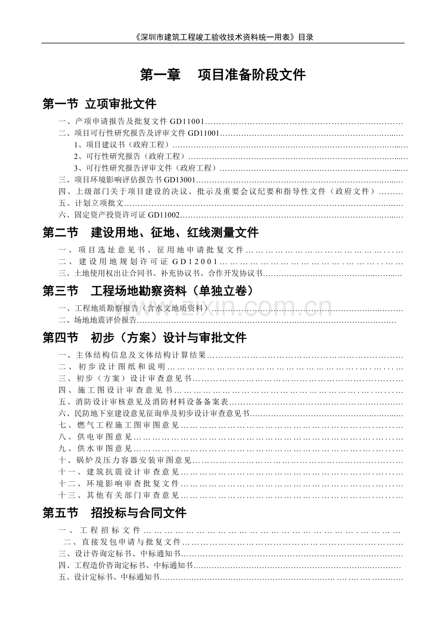 《深圳市建筑工程竣工验收技术资料统一用表》目录.doc_第1页