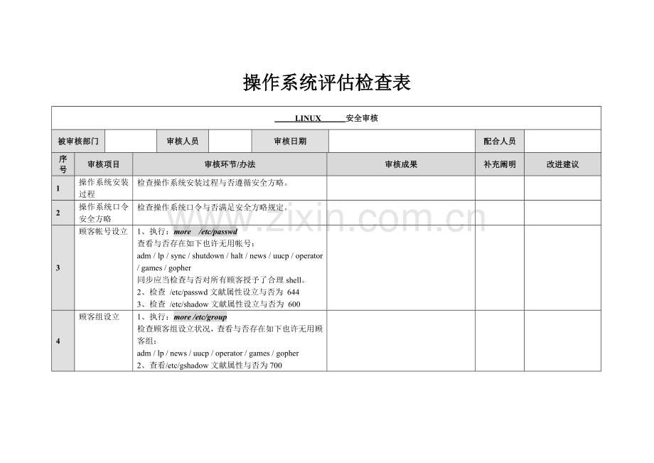 信息安全风险评估检查流程操作系统安全评估检查表Linux样本.doc_第1页