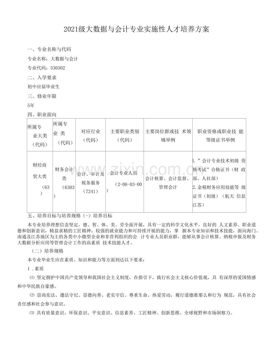 2021级大数据与会计专业实施性人才培养方案(中职).docx_第1页