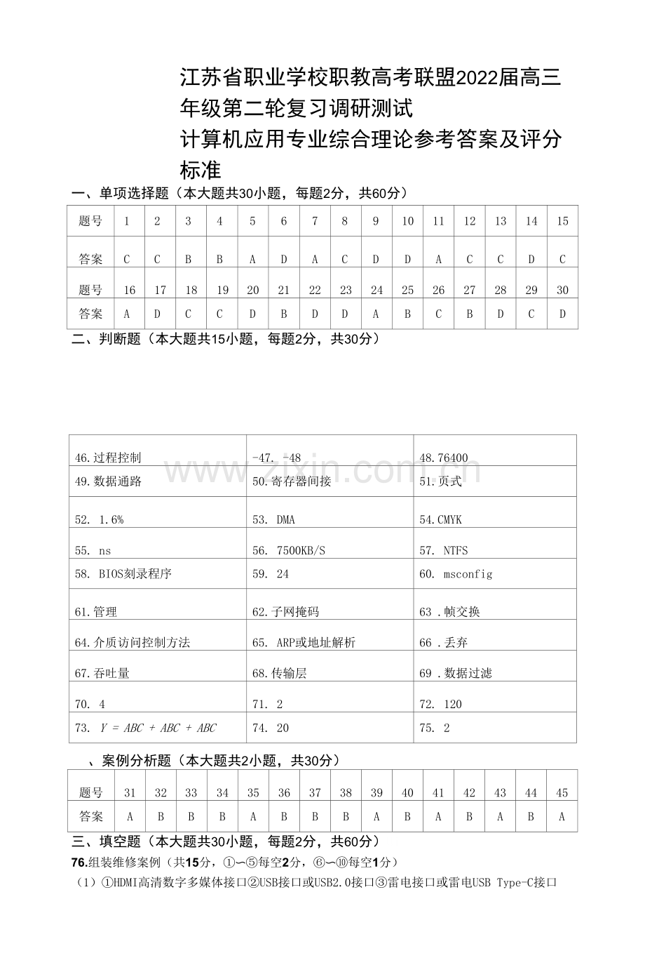 江苏省职教高考联盟2022年二模---2022年南通市计算机二模答.docx_第1页