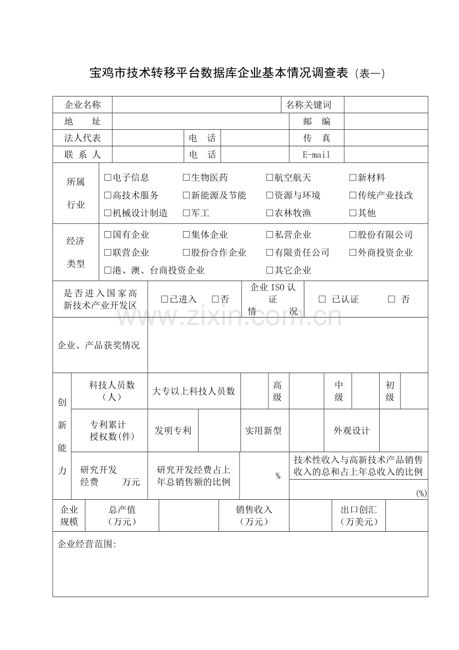 专题资料（2021-2022年）宝鸡市技术转移平台数据库企业基本情况调查表表一.doc_第1页