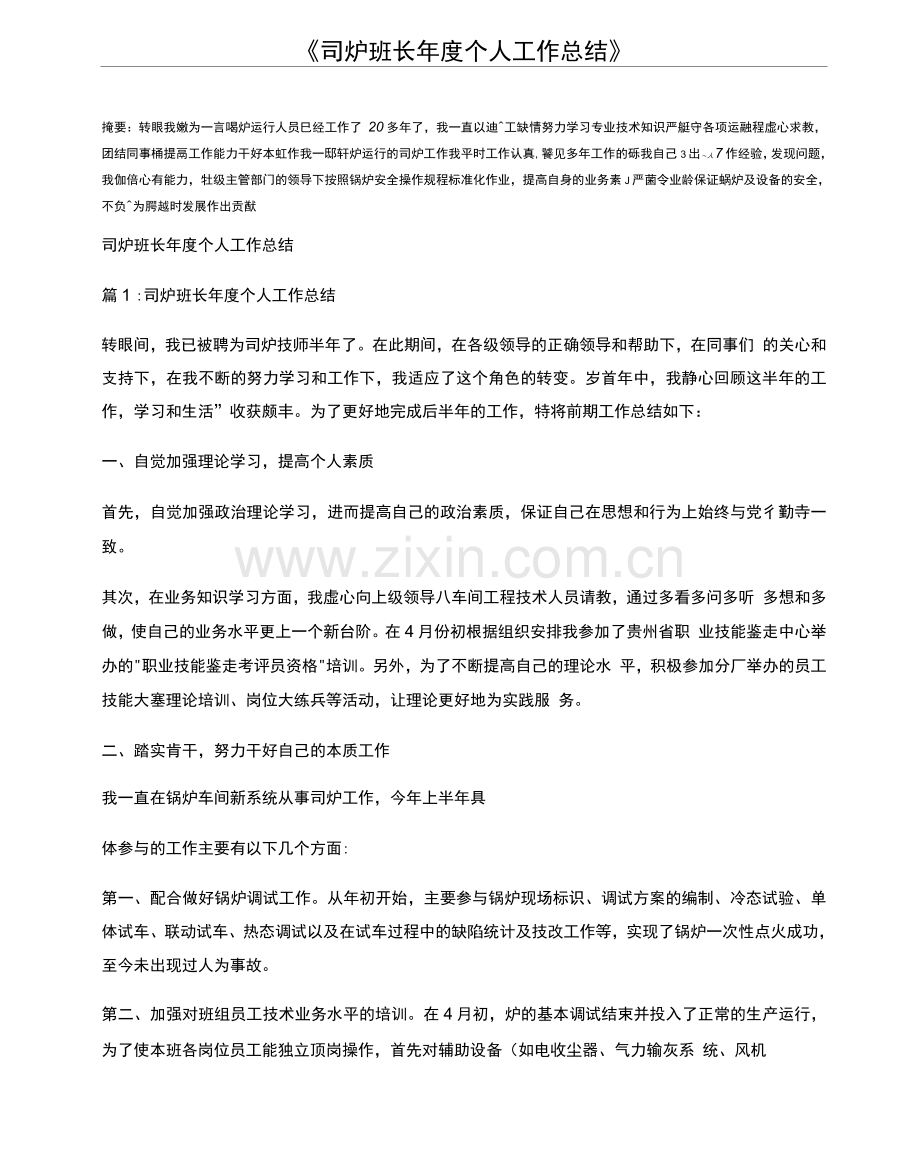 司炉班长年度个人工作总结.docx_第1页