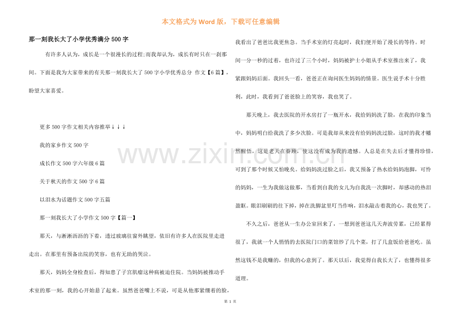 那一刻我长大了小学优秀满分500字.docx_第1页