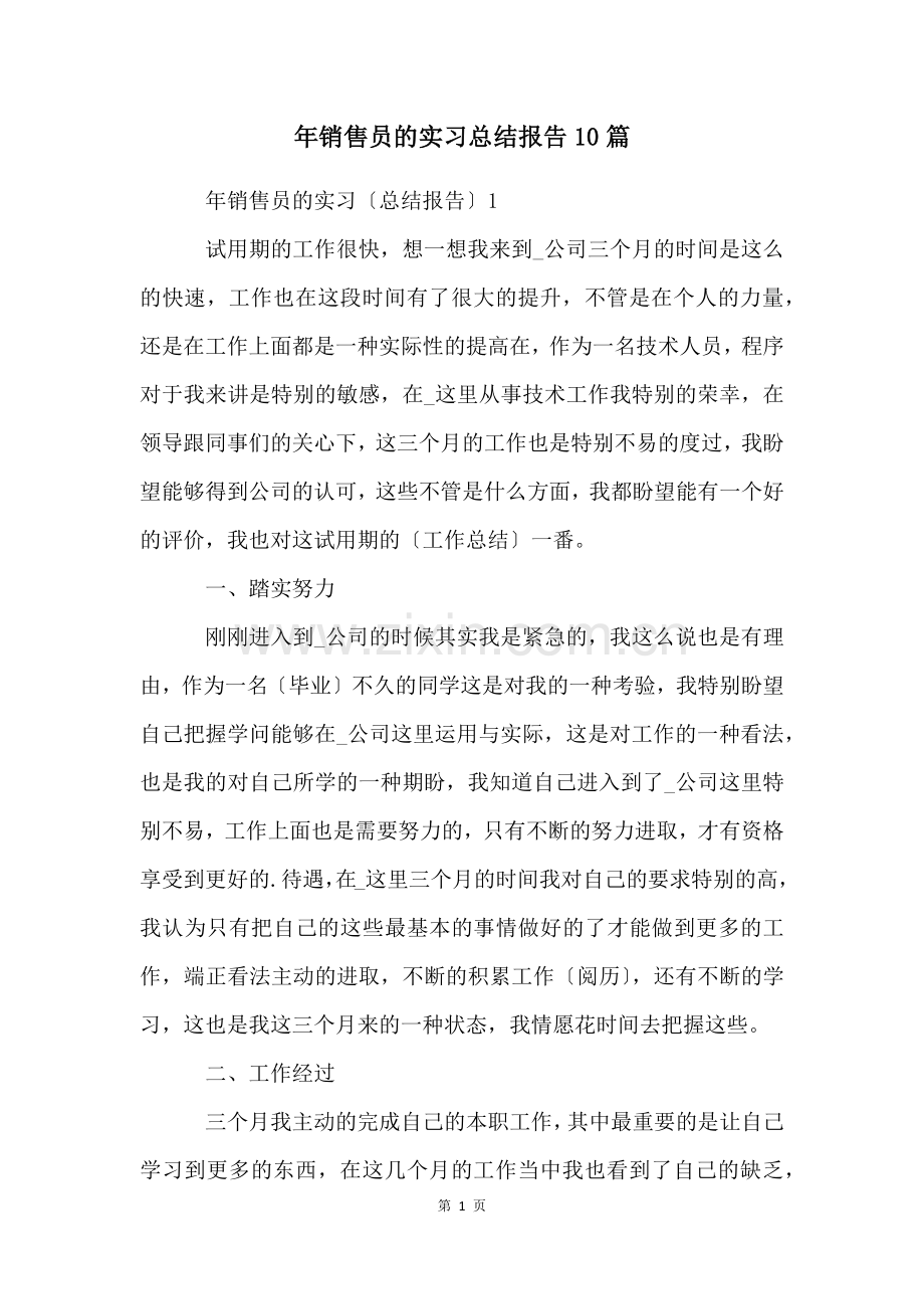 年销售员的实习总结报告10篇.docx_第1页