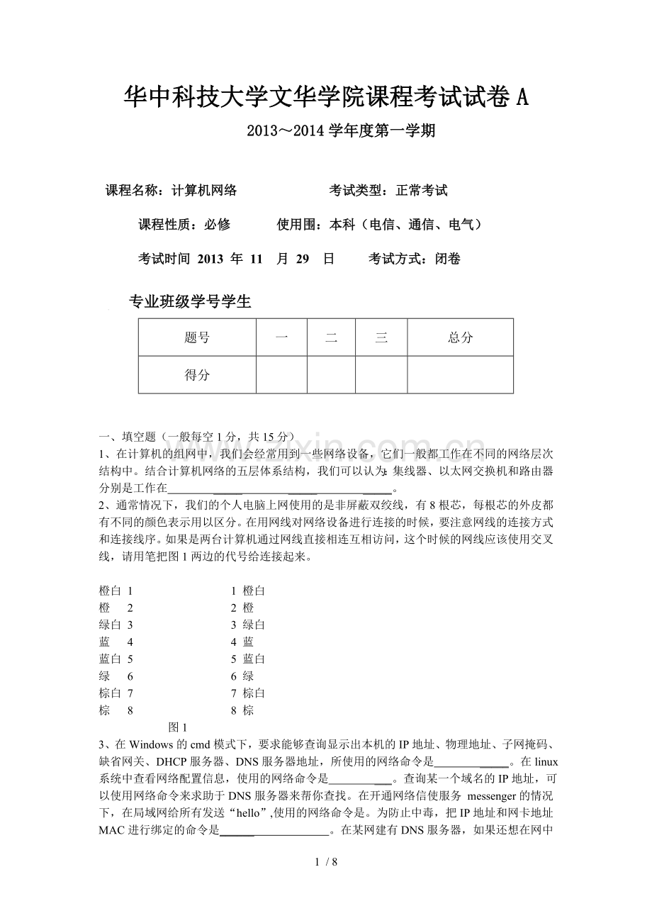 电信通信电气计算机网络A卷.doc_第1页