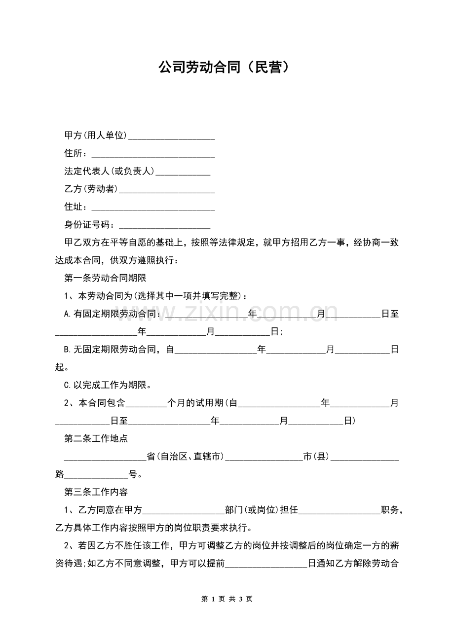 公司劳动合同(民营).docx_第1页