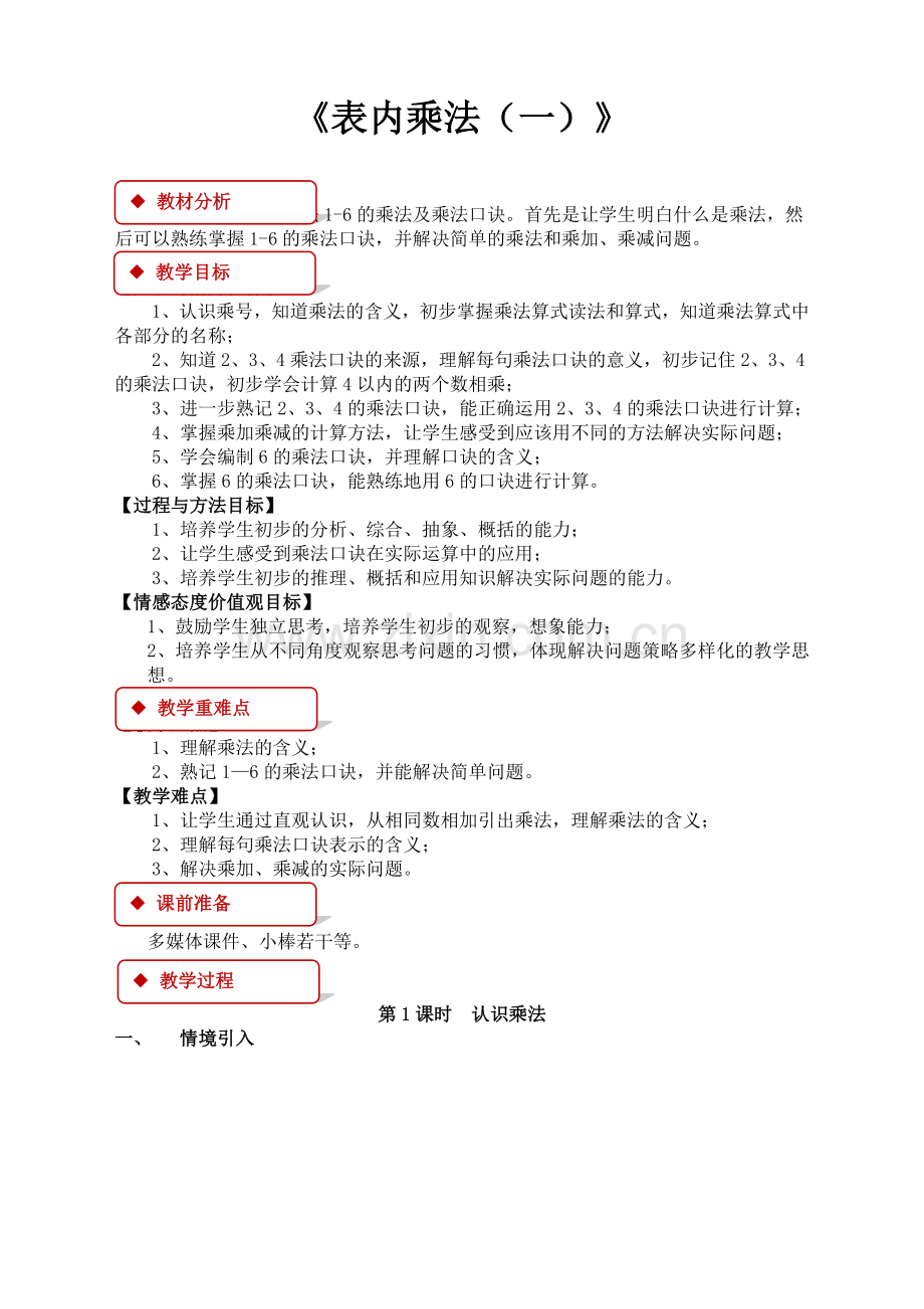 苏教版小学数学二2年级上册：表内乘法(一)同步教案.doc_第1页