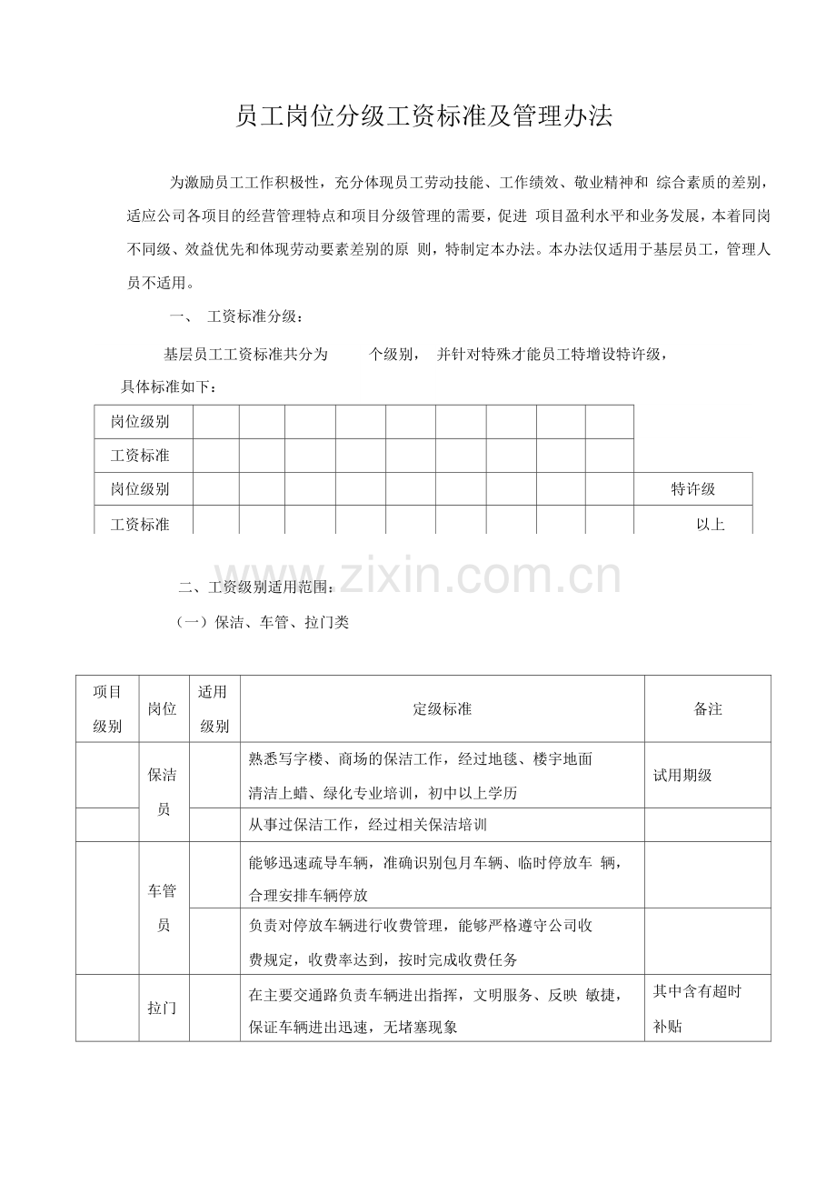 员工岗位分级工资标准及管理办法.docx_第1页