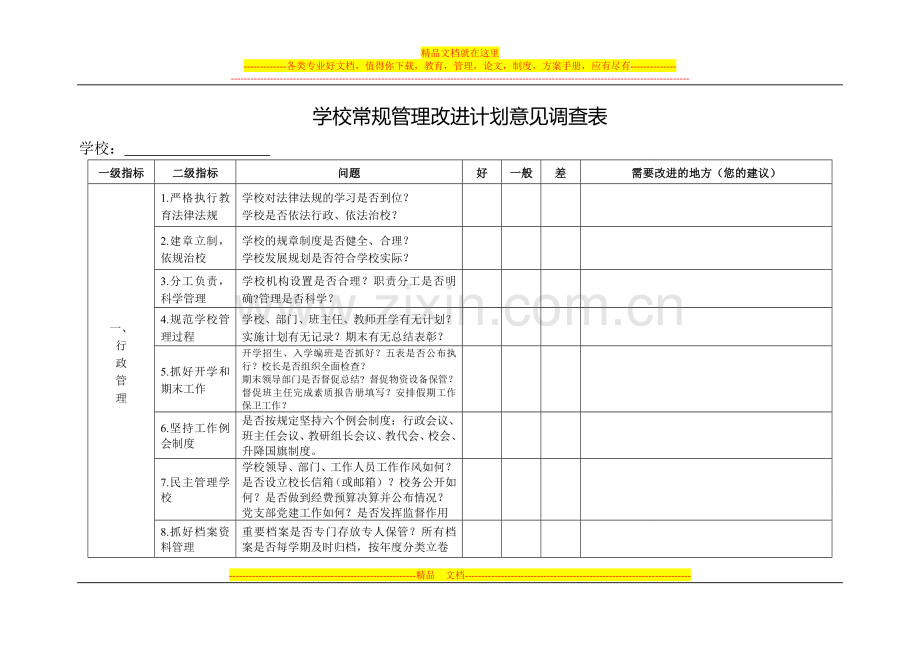 学校常规管理改进计划意见调查表.doc_第1页