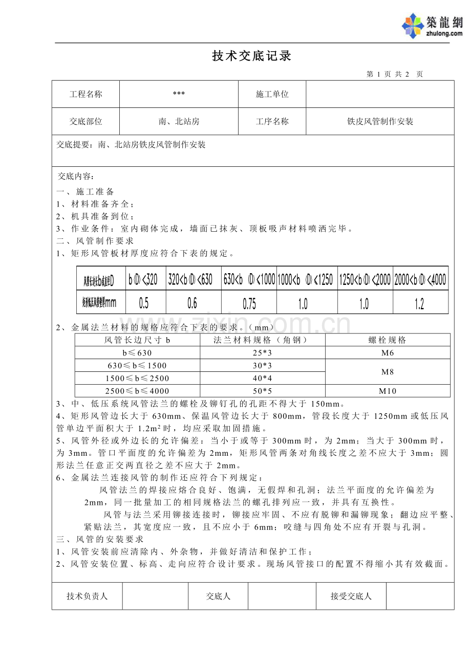 铁皮风管制作安装技术交底.doc_第1页