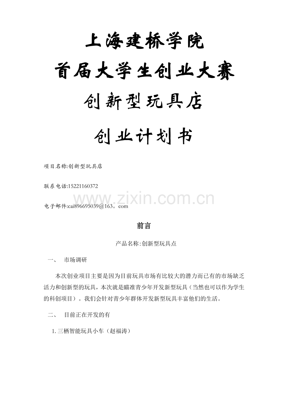 新型玩具店创业计划书.docx_第1页