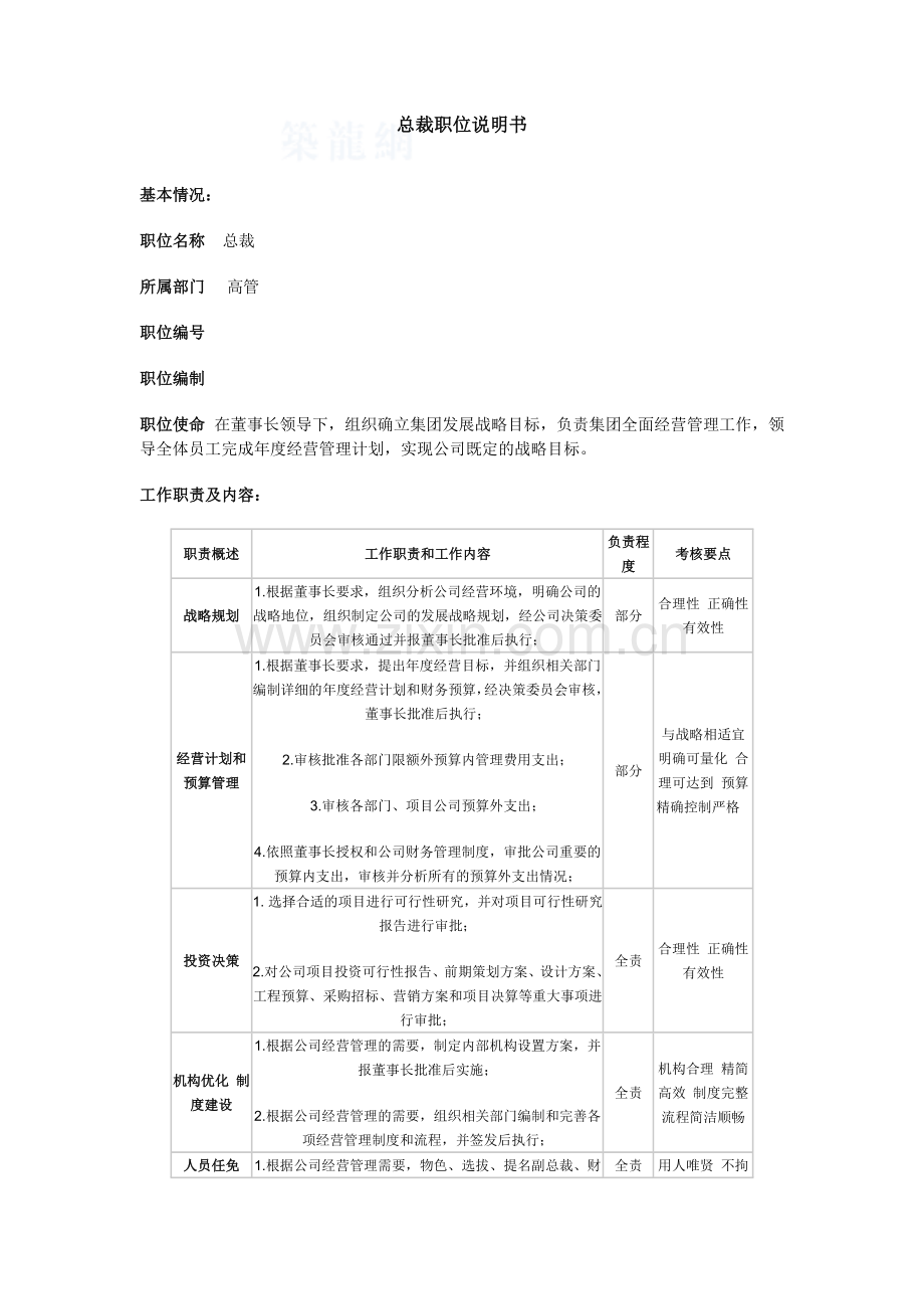 房地产集团岗位职责说明书(总裁).doc_第1页