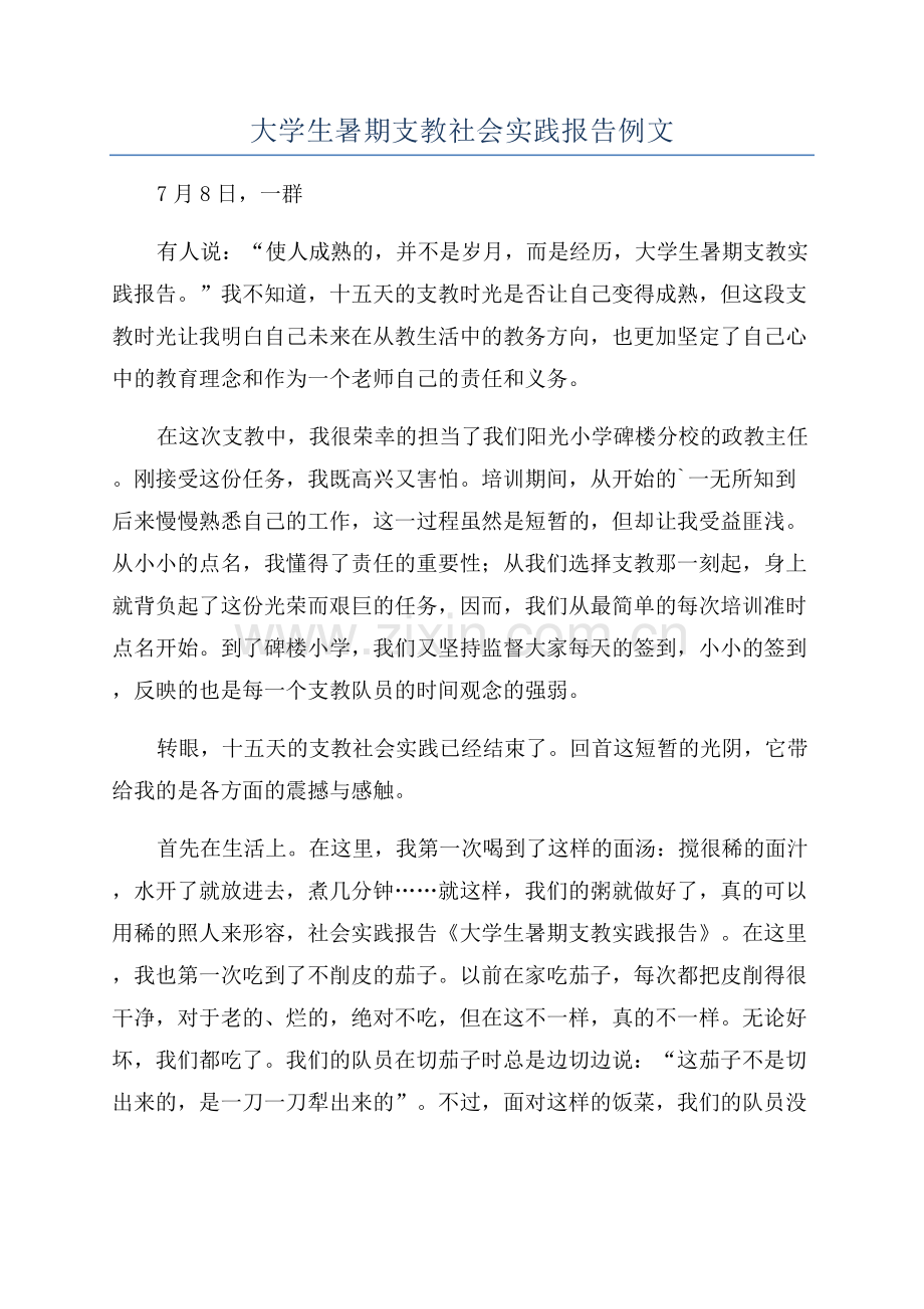 大学生暑期支教社会实践报告例文.docx_第1页