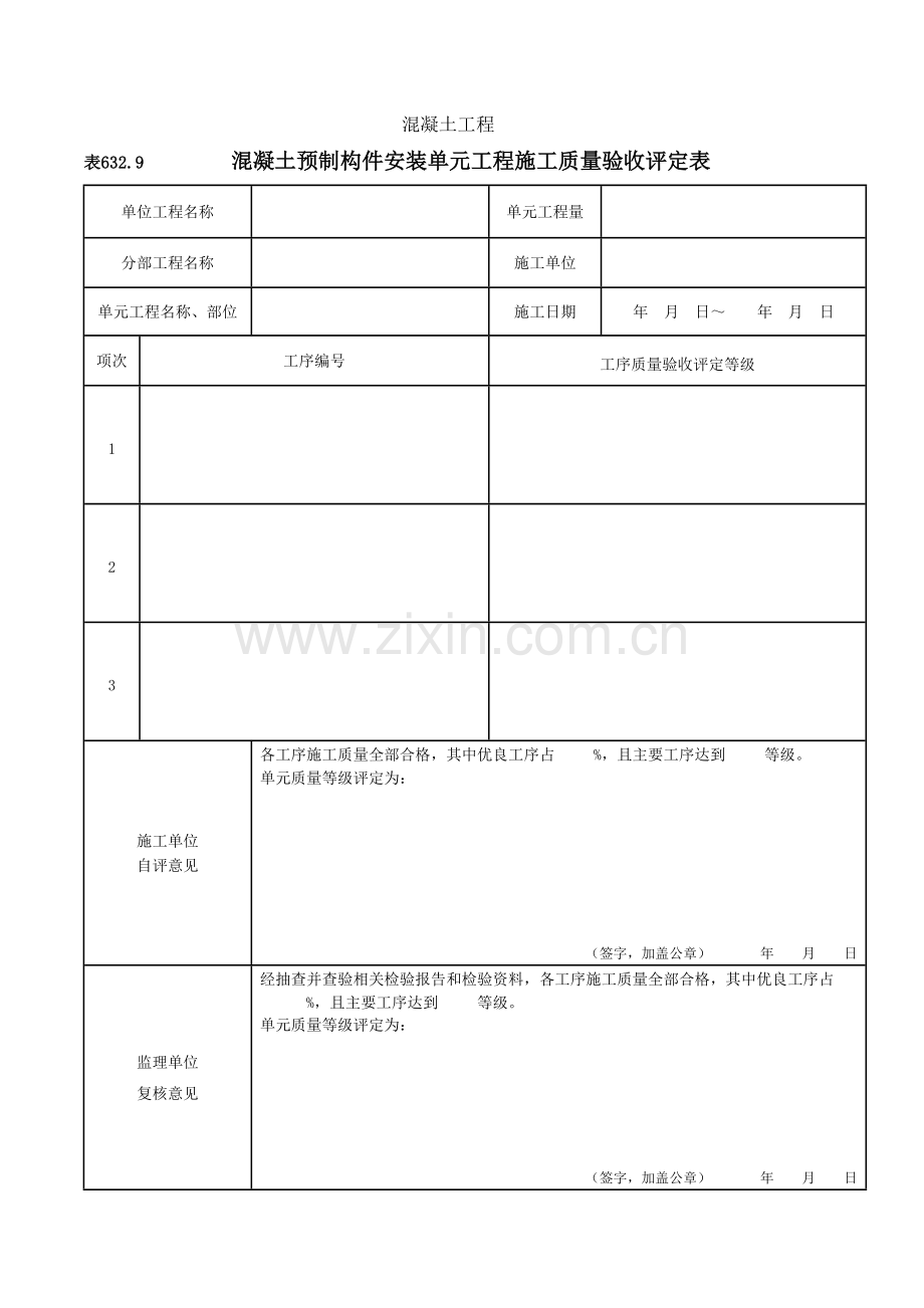 混凝土预制构件安装单元工程施工质量验收评定表.doc_第1页