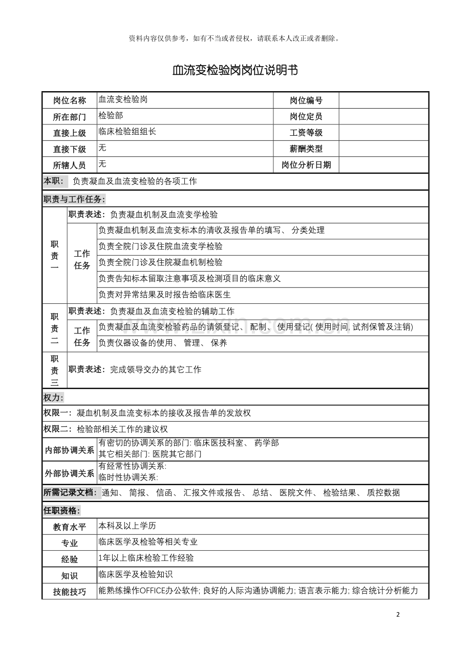 血流变检验岗岗位说明书模板.doc_第2页