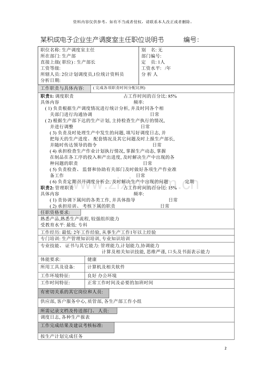 积成电子企业生产调度室主任职位说明书模板.doc_第2页