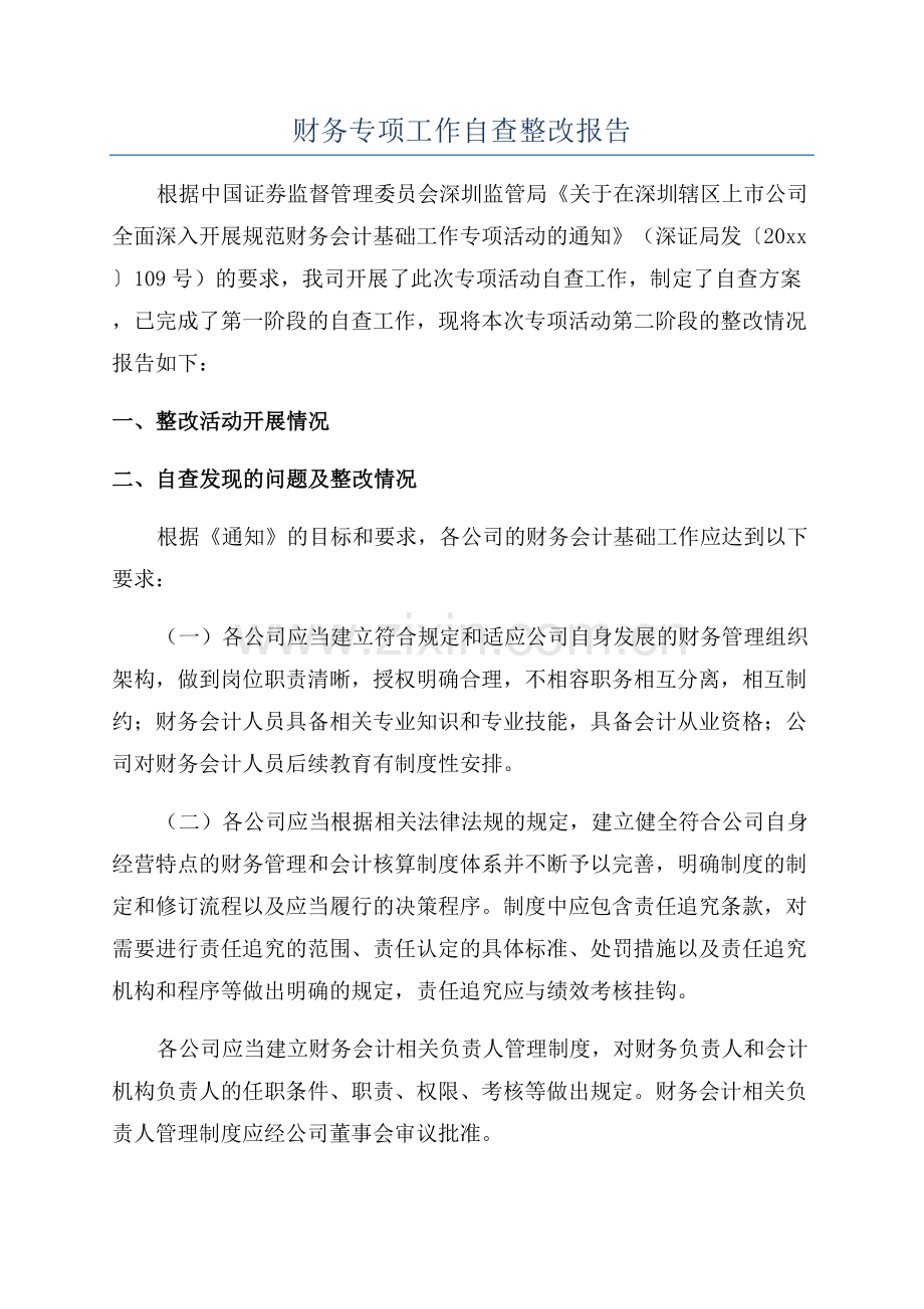 财务专项工作自查整改报告.docx_第1页