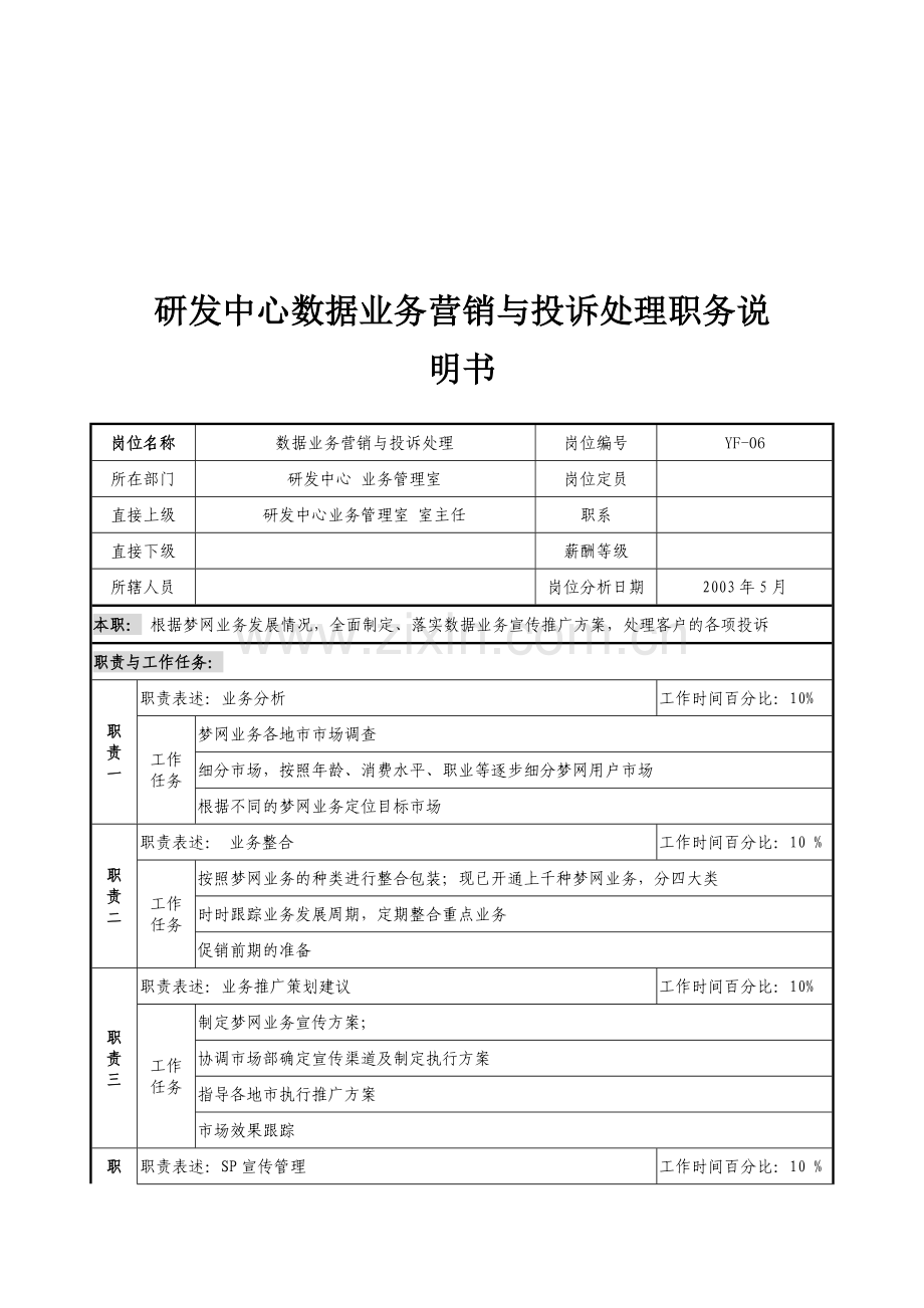 通信行业研发中心业务管理室数据业务营销与投诉处理岗位说明书.doc_第1页