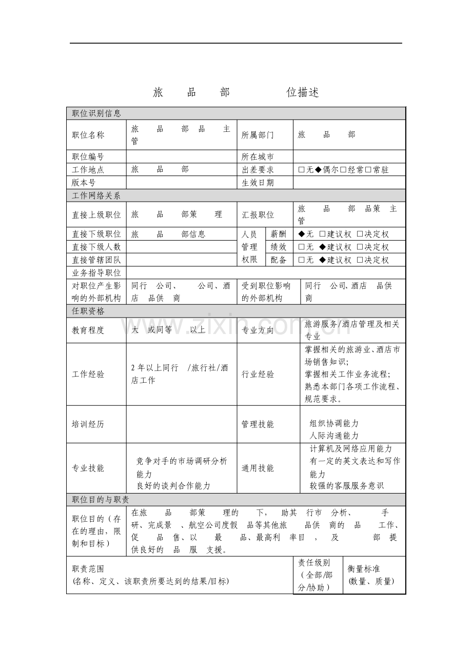 旅游产品业务部产品采购主管岗位说明书.pdf_第1页