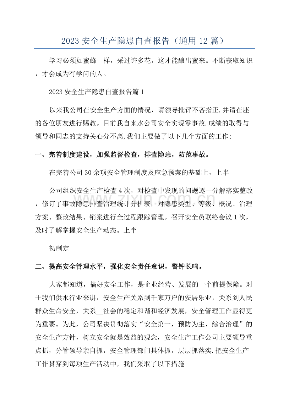 2023安全生产隐患自查报告(通用12篇).docx_第1页