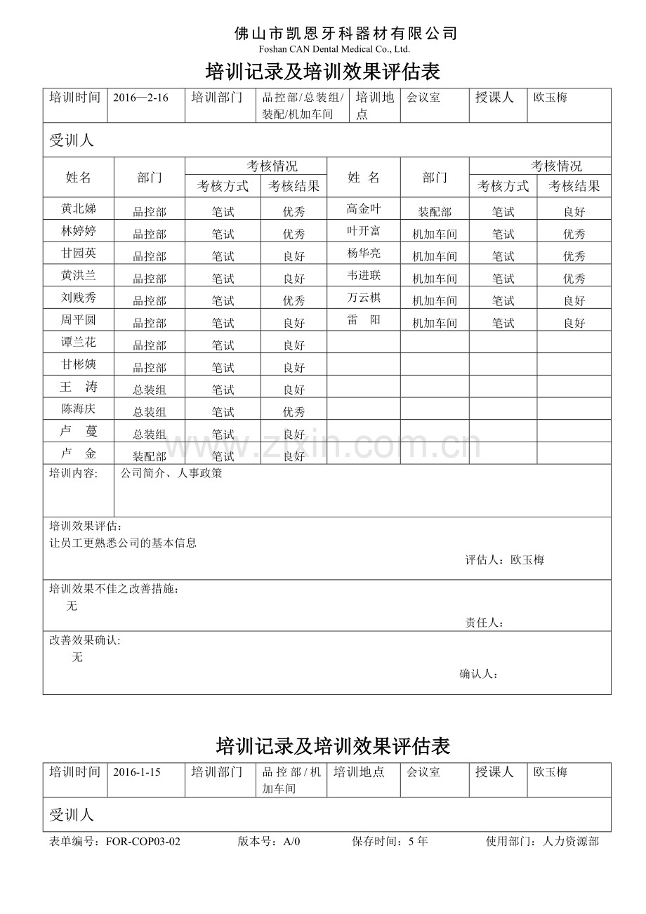 培训记录及培训效果评估表.doc_第1页