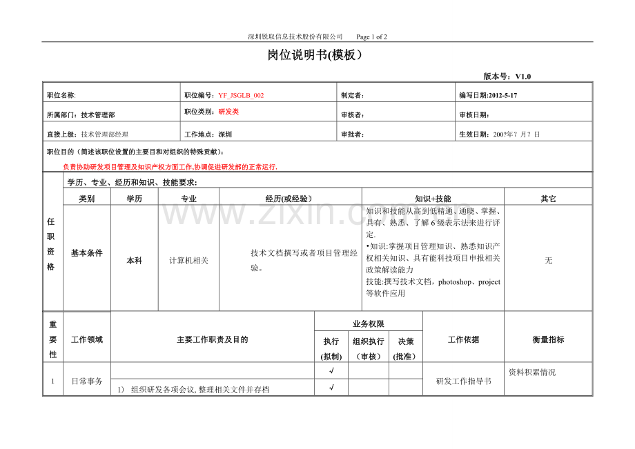 岗位说明书(技术管理员).doc_第1页