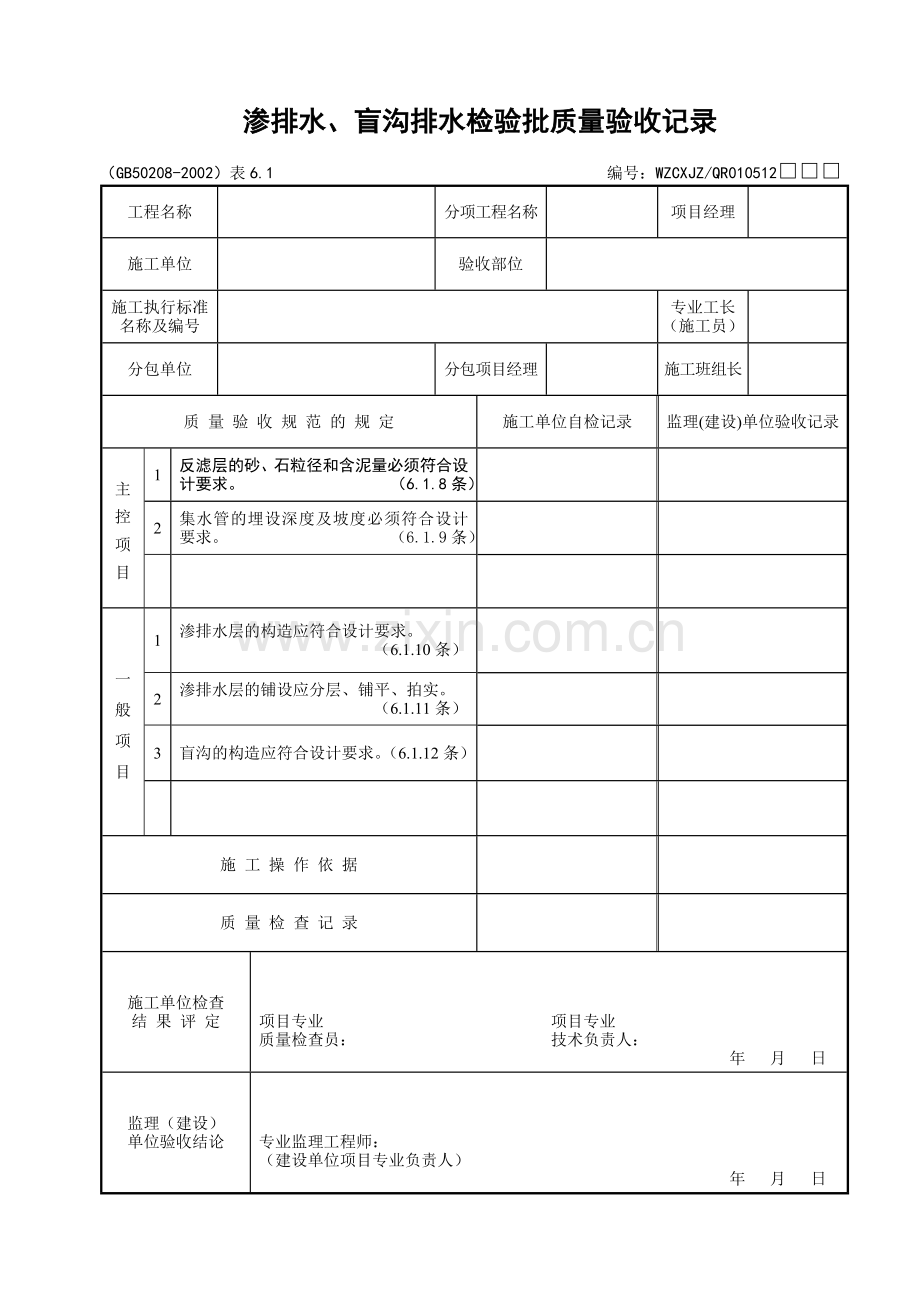 052渗排水、盲沟排水检验批质量验收记录.doc_第1页