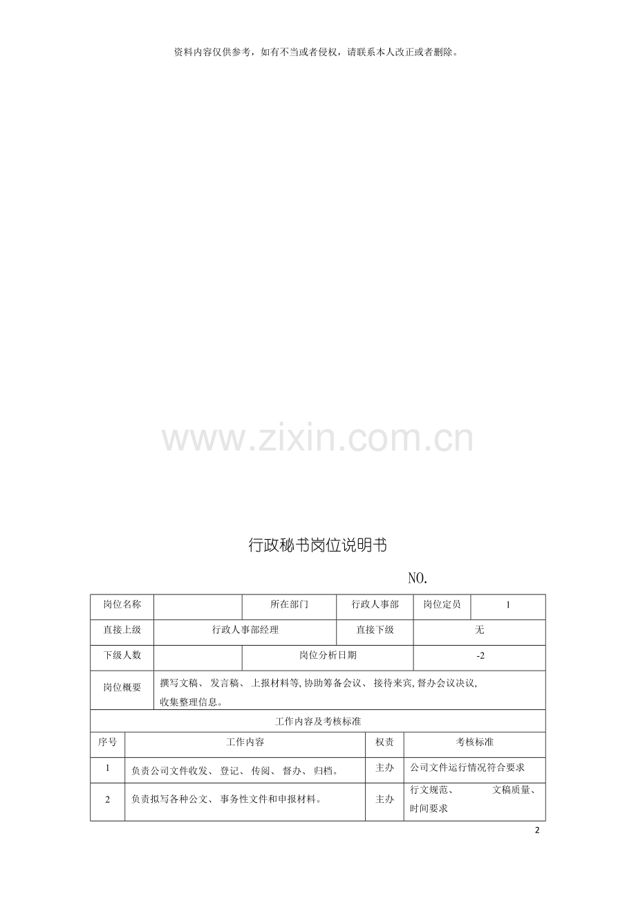 电力集团大型电气配件企业行政秘书岗位说明书模板.doc_第2页