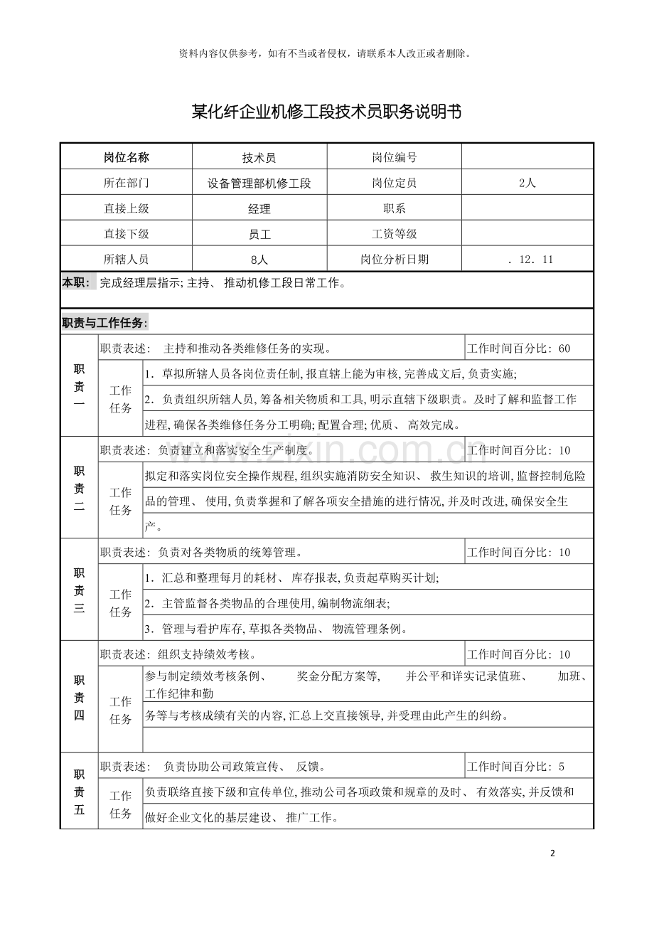 化纤企业机修工段技术员职务说明书.doc_第2页