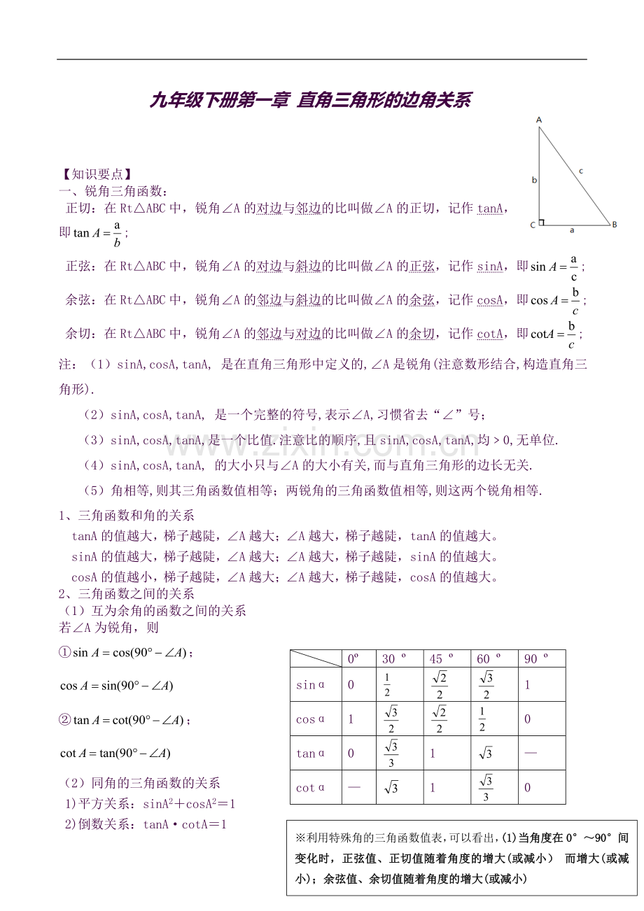 北师版九年级下册第一章直角三角形的边角关系知识点及习题.docx_第1页