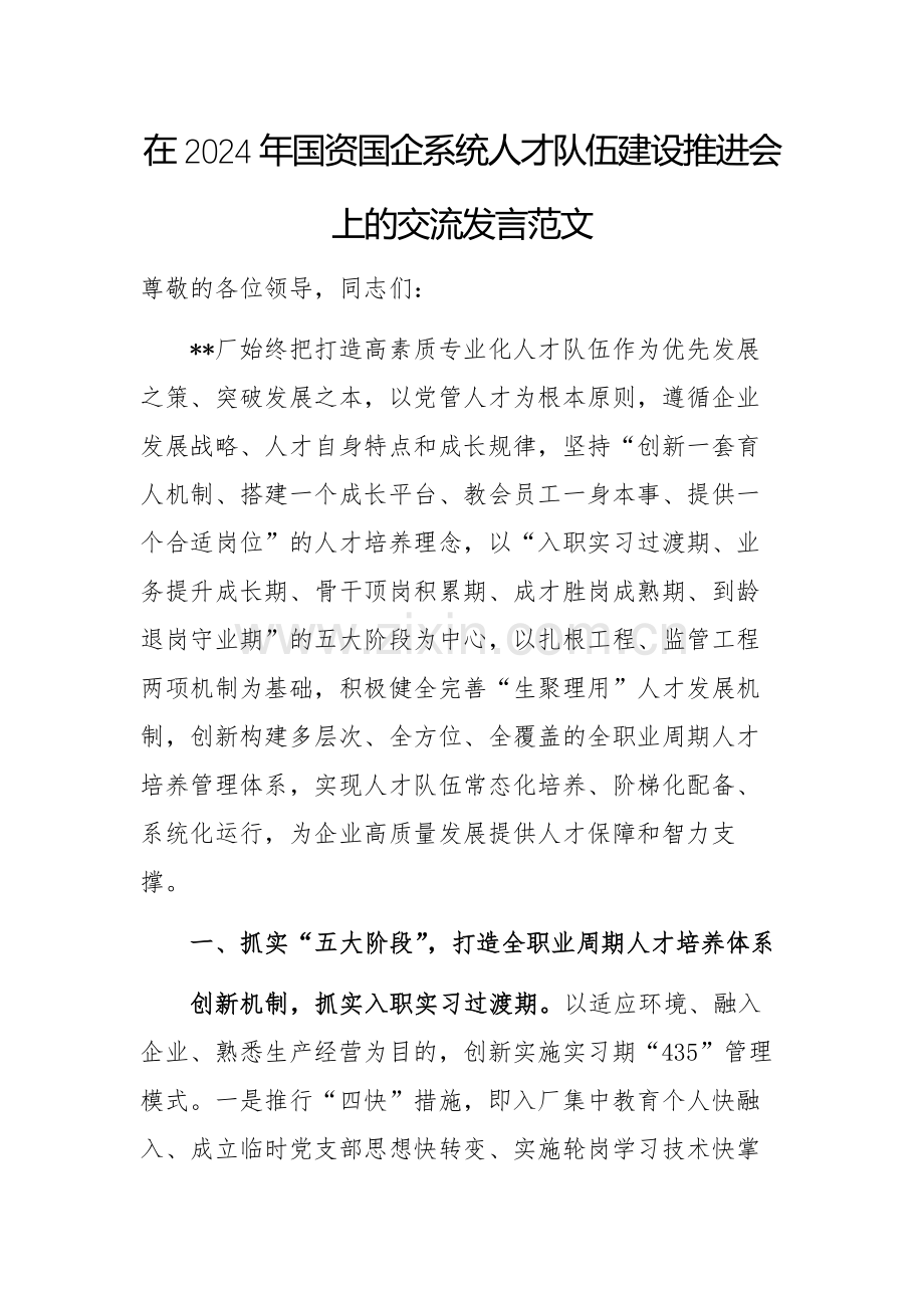 在2024年国资国企系统人才队伍建设推进会上的交流发言范文.docx_第1页