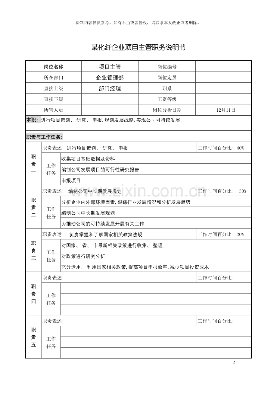 化纤企业项目主管职务说明书.doc_第2页