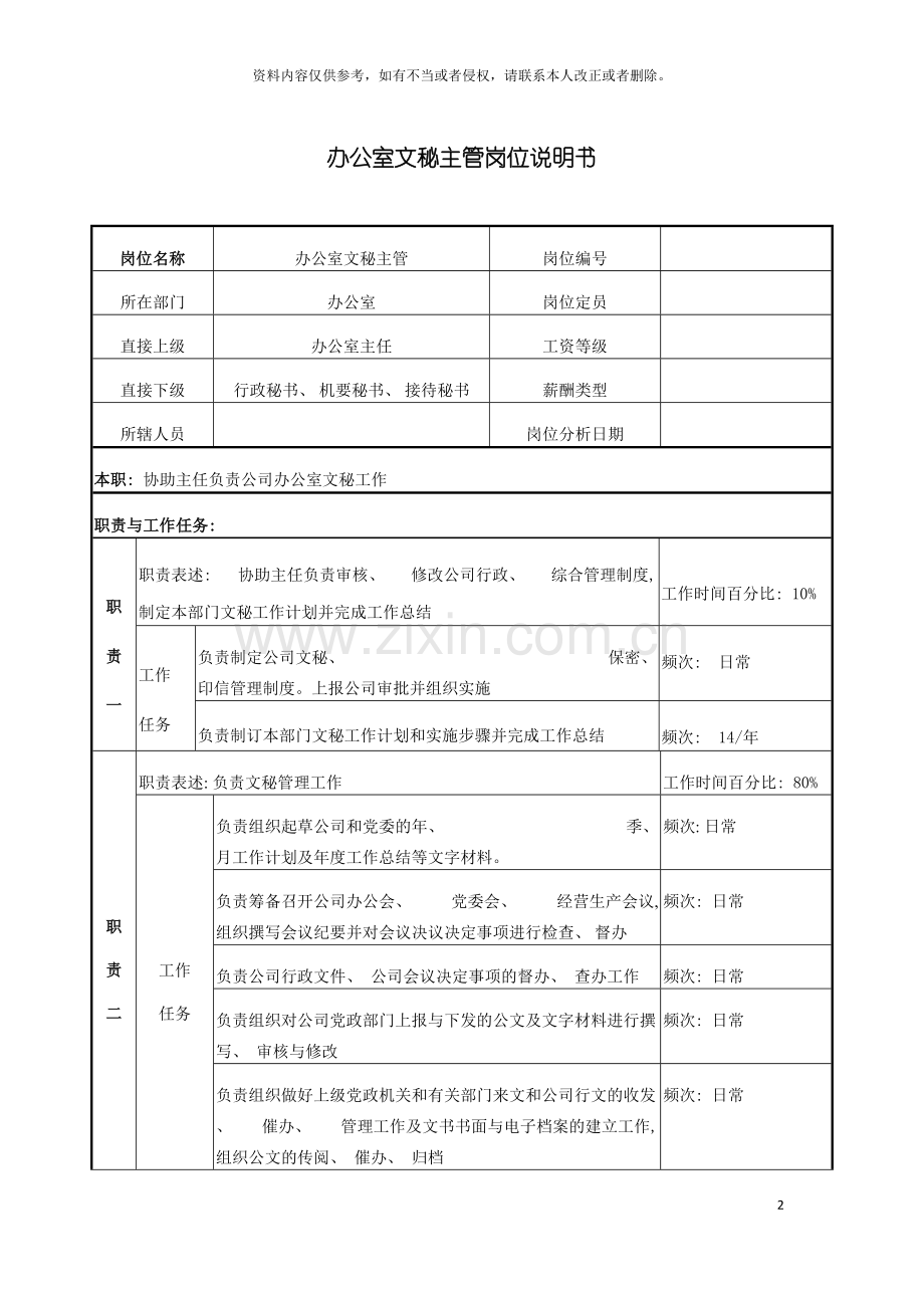 电力办公室文秘主管岗位说明书模板.doc_第2页