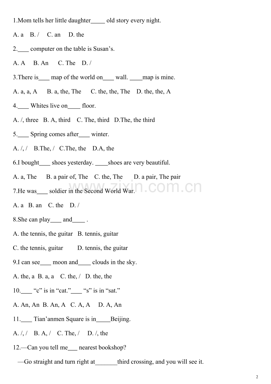 18、小学定冠词和不定冠词练习题-共14页.pdf_第2页