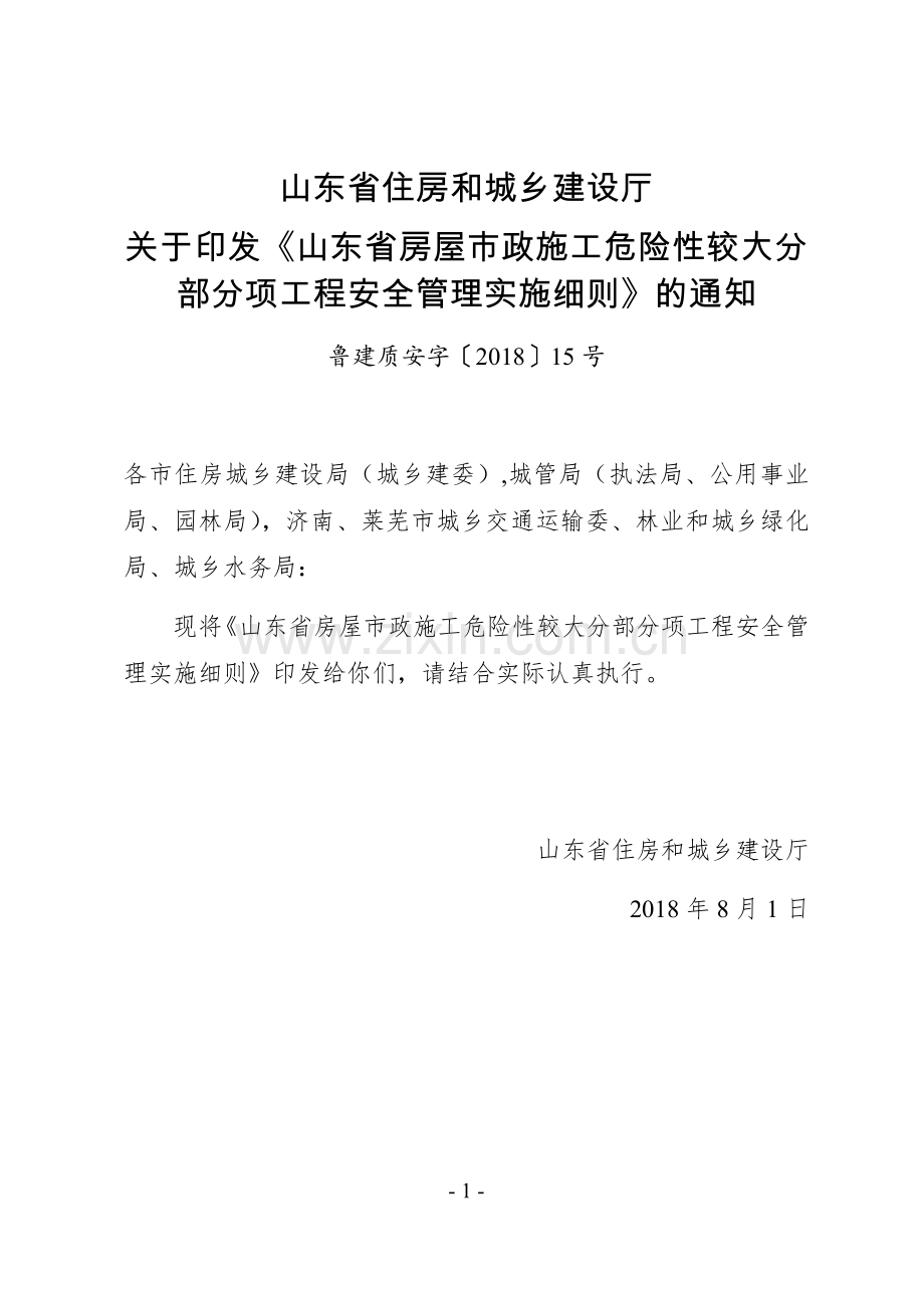 《山东省房屋市政施工危险性较大分部分项工程安全管理实施细则》(鲁建质安字〔2018〕15号).doc_第1页