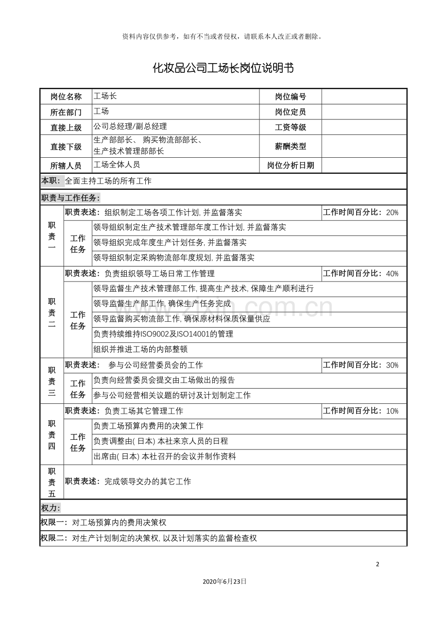 化妆品公司工场长岗位说明书.doc_第2页