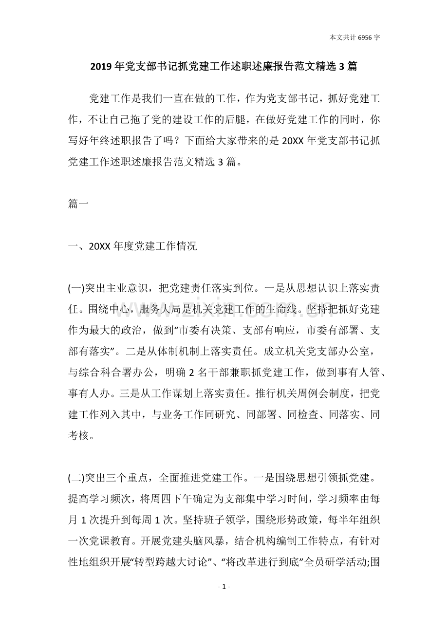 2019年党支部书记抓党建工作述职述廉报告范文3篇.doc_第1页