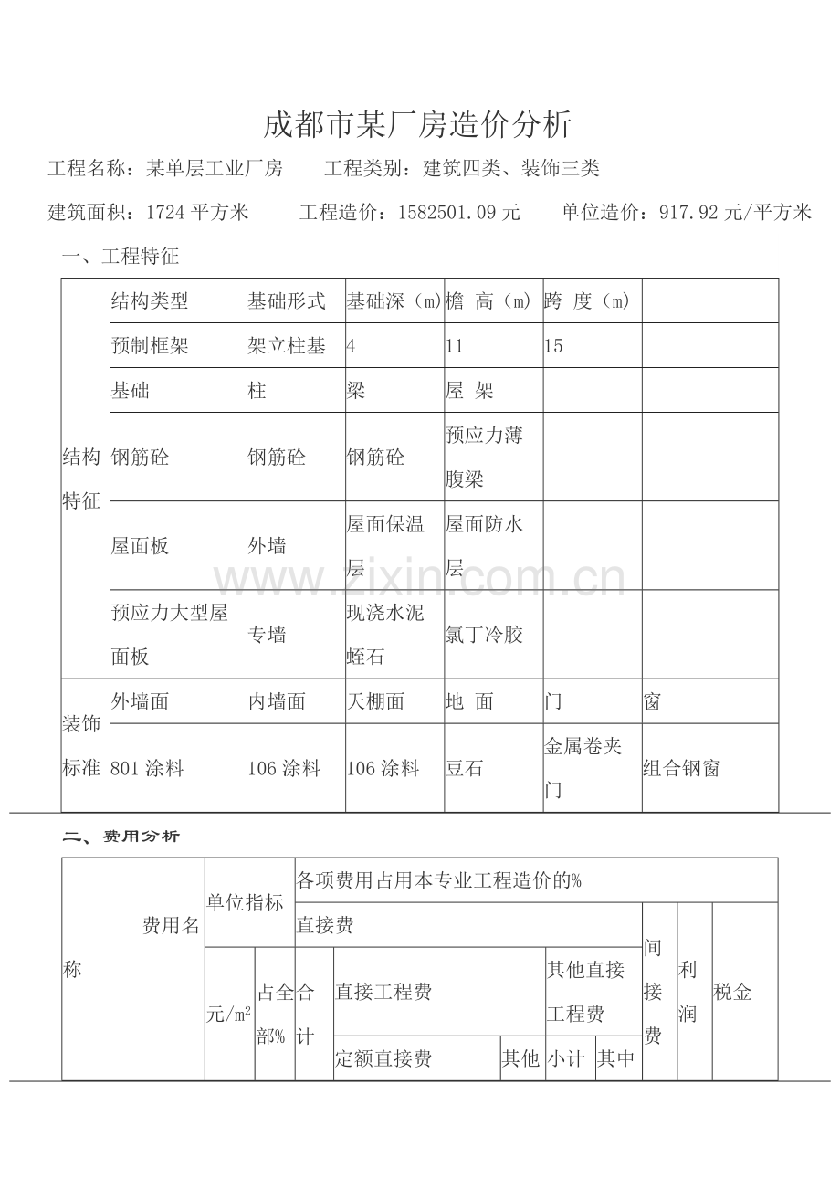 成都市某厂房造价分析.doc_第1页