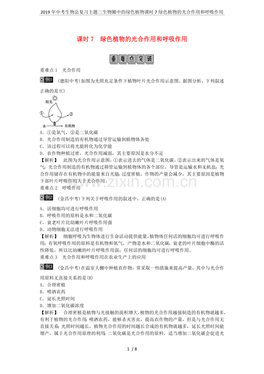 2019年中考生物总复习主题三生物圈中的绿色植物课时7绿色植物的光合作用和呼吸作用.doc_第1页