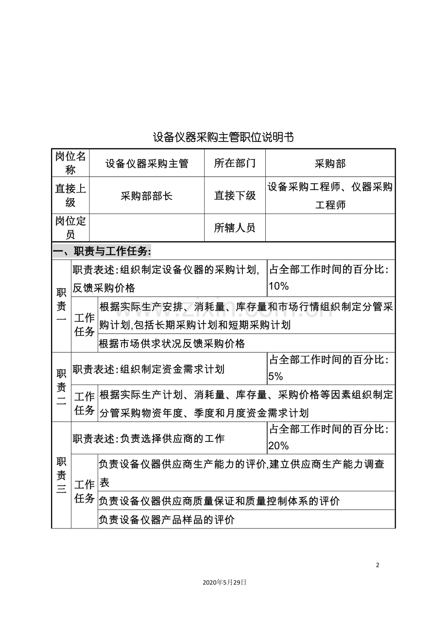 华北光学仪器公司采购部设备仪器采购主管职位说明书.doc_第2页