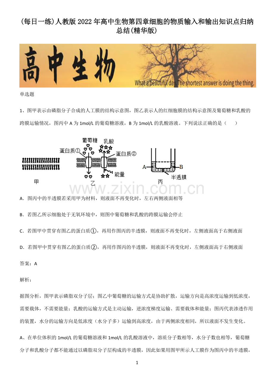 人教版2022年高中生物第四章细胞的物质输入和输出知识点归纳总结.pdf_第1页