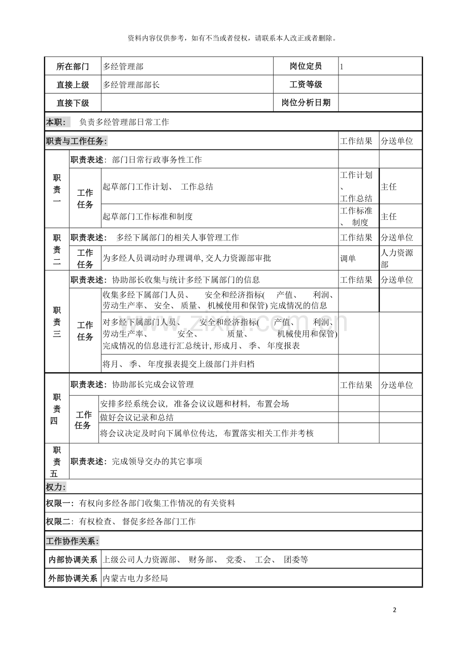 电力公司管理干事岗位说明书模板.doc_第2页